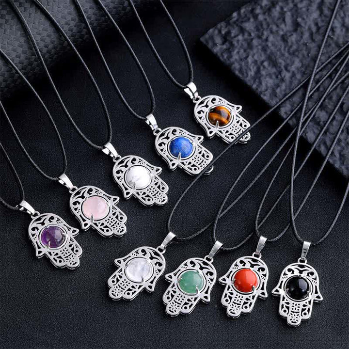 Buddha Stones Collier en obsidienne noire naturelle avec incrustation de palmier Hamsa et cristal de force - image 20