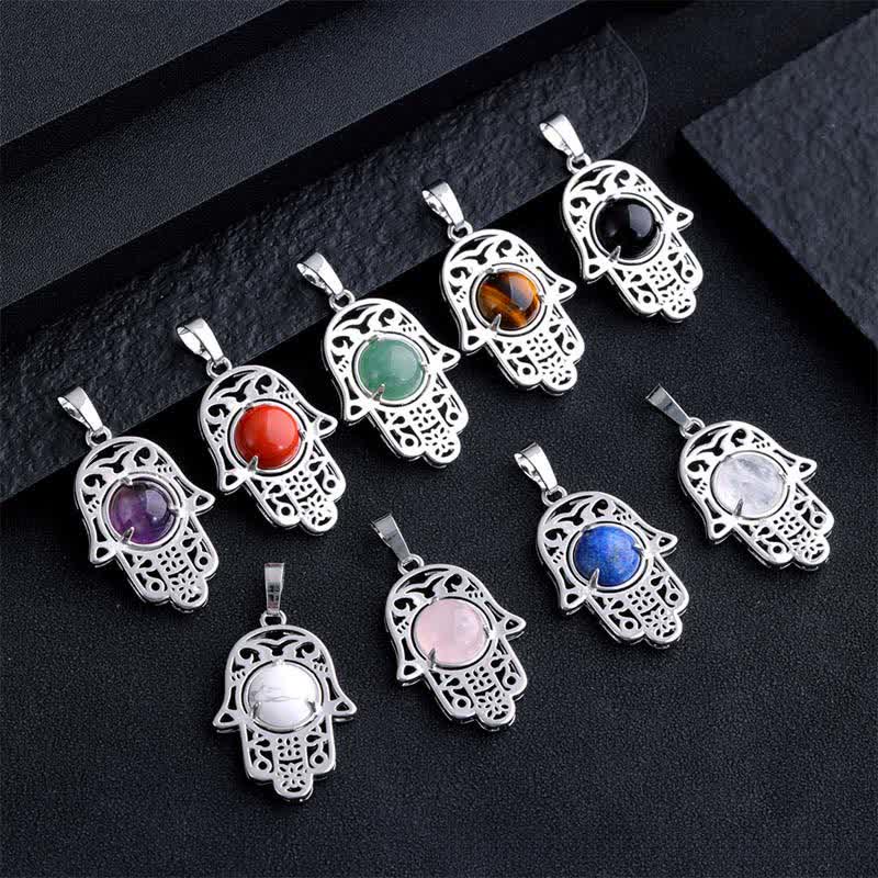 Buddha Stones Collier en obsidienne noire naturelle avec incrustation de palmier Hamsa et cristal de force - image 21