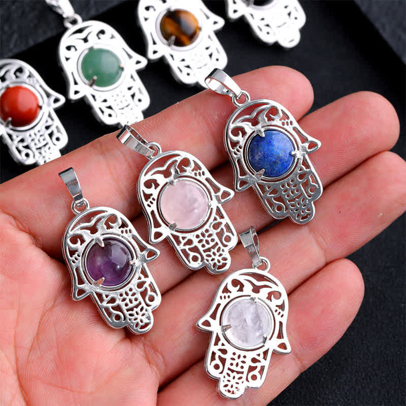 Buddha Stones Collier en obsidienne noire naturelle avec incrustation de palmier Hamsa et cristal de force - image 22