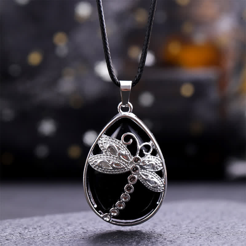 Buddha Stones Collier Balance en aventurine verte naturelle avec incrustation de cristal en forme de larme et libellule. - Obsidienne noire naturelle (la couleur peut varier) - image 13