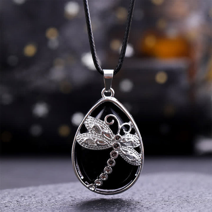 Buddha Stones Collier Balance en aventurine verte naturelle avec incrustation de cristal en forme de larme et libellule. - Obsidienne noire naturelle (la couleur peut varier) - image 13