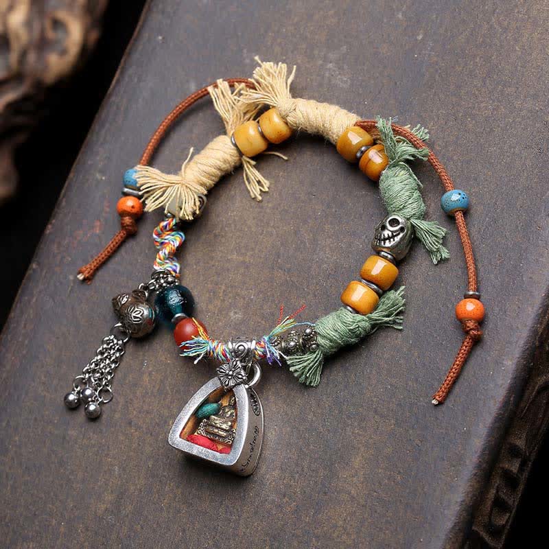 Buddha Stones Bracelet de sérénité en cuivre avec Bouddha Amitabha et corde tressée - Cordon coloré (Tour de poignet : 17-23 cm) - image 6