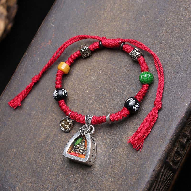 Buddha Stones Bracelet de sérénité en cuivre avec Bouddha Amitabha et corde tressée - Cordon rouge (Tour de poignet : 17-23 cm) - image 0