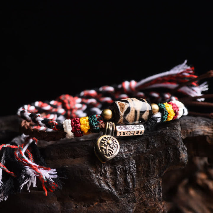 Buddha Stones Bracelet de paix en perles Dzi Om Mani Padme Hum à double enroulement de corde tressée - Perles Dzi (Tour de poignet : 15-25 cm) - image 0