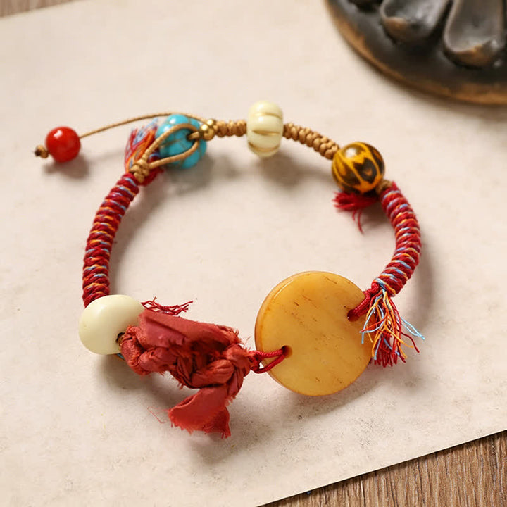 Buddha Stones Bracelet de paix en corde tressée avec le personnage Bone Fu - Os rond (Tour de poignet : 20-22 cm) - image 0