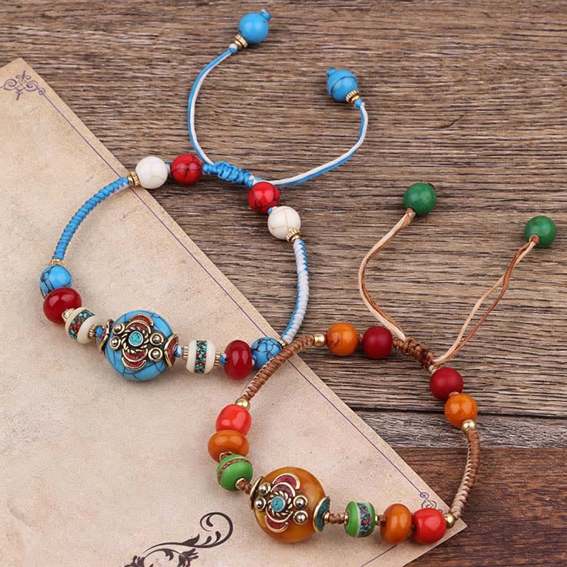 Buddha Stones Bracelet d'amour en corde tressée tibétaine turquoise et ambre - image 17
