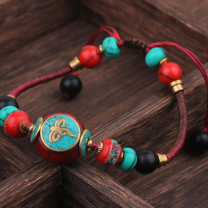 Buddha Stones Bracelet d'amour en corde tressée tibétaine turquoise et ambre - Cordon rouge foncé (Tour de poignet : 15-21 cm) - image 11
