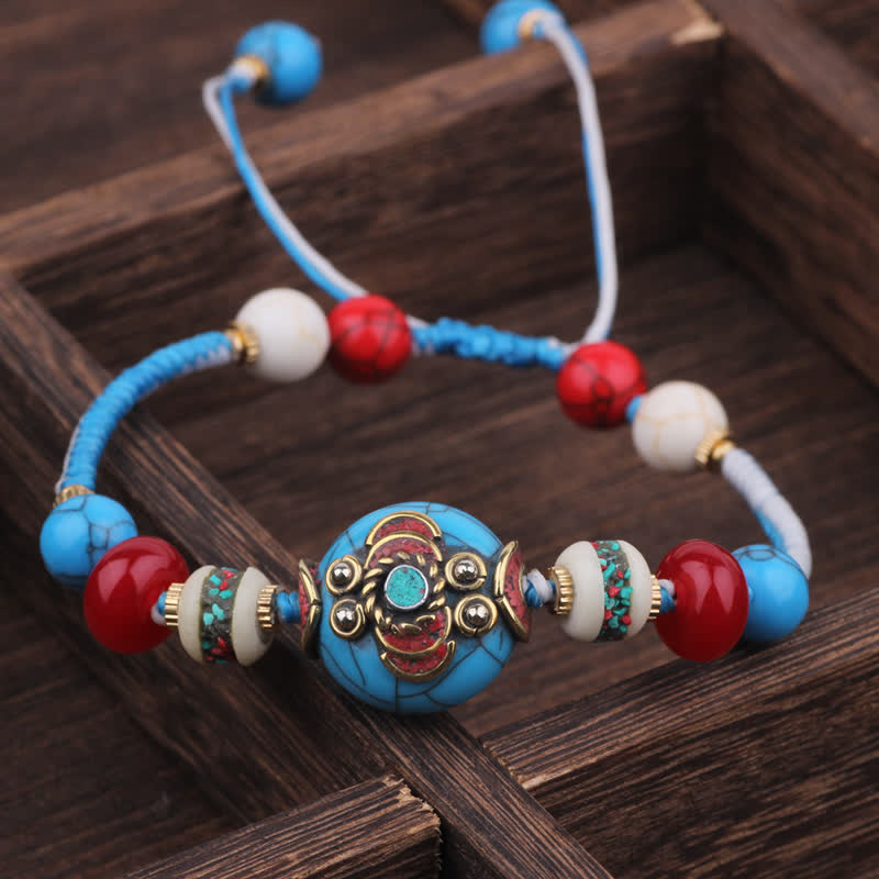 Buddha Stones Bracelet d'amour en corde tressée tibétaine turquoise et ambre - Corde blanche et bleue (Tour de poignet : 15-21 cm) - image 8