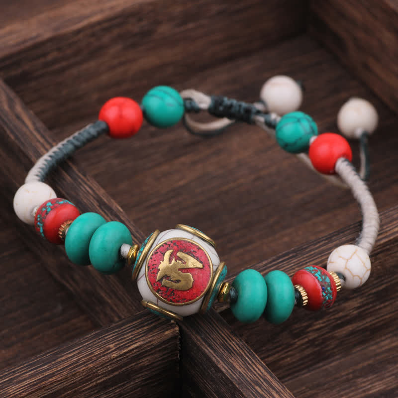 Buddha Stones Bracelet d'amour en corde tressée tibétaine turquoise et ambre - Cordon plat turquoise noir et blanc (Tour de poignet : 15-21 cm) - image 1
