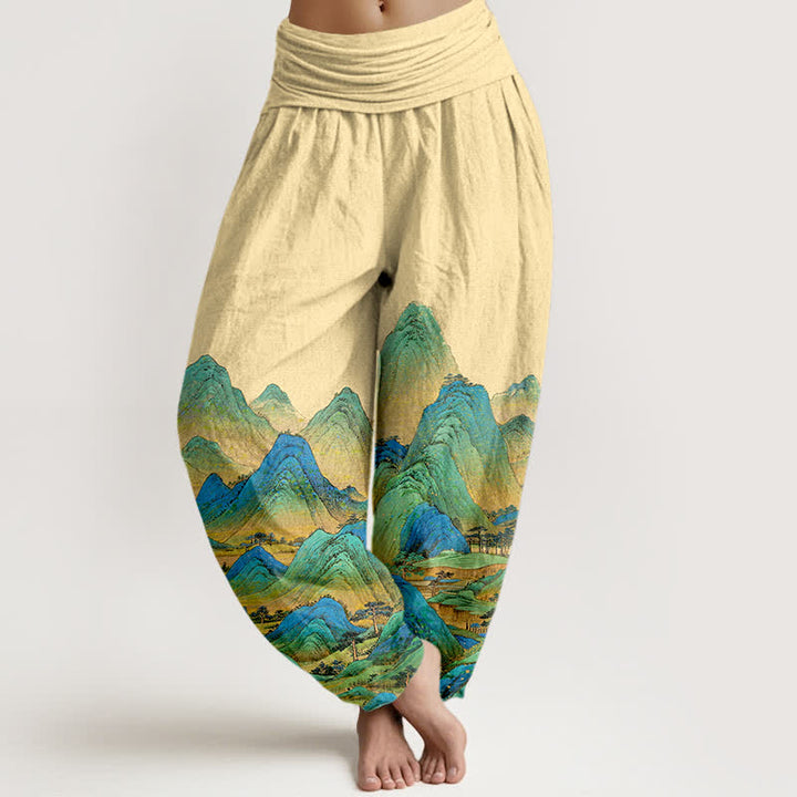 Buddha Stones Pantalon harem pour femme en pur coton, motif paysage de montagne bleu-vert, taille élastique - LemonChiffon - US16，UK/AU20，EU48 (3XL) - image 5