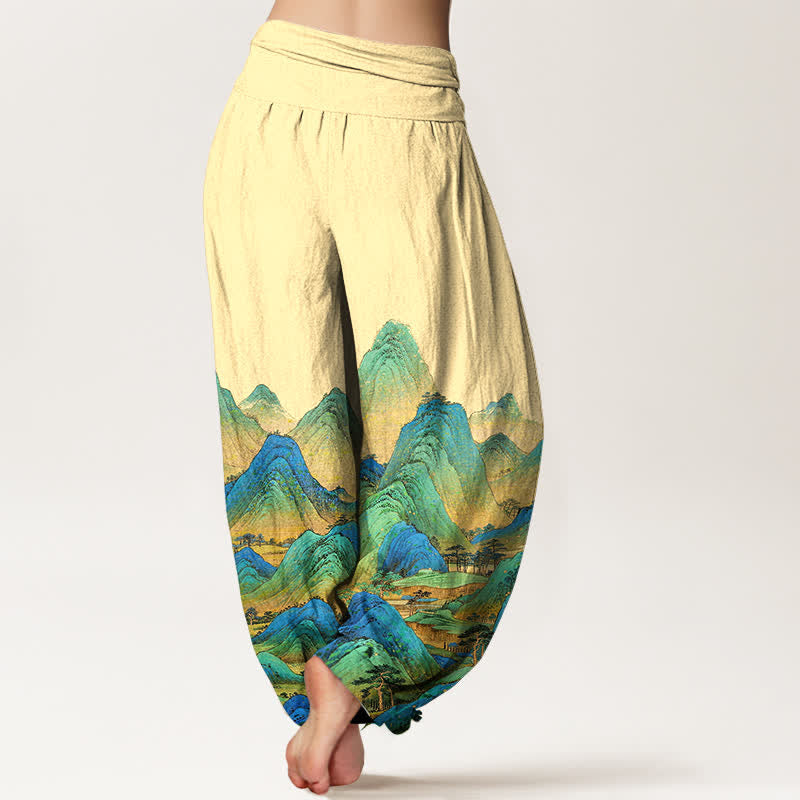 Buddha Stones Pantalon harem pour femme en pur coton, motif paysage de montagne bleu-vert, taille élastique - image 6