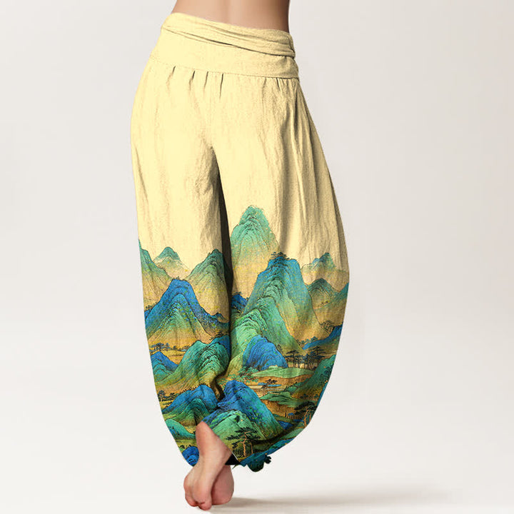 Buddha Stones Pantalon harem pour femme en pur coton, motif paysage de montagne bleu-vert, taille élastique - image 6