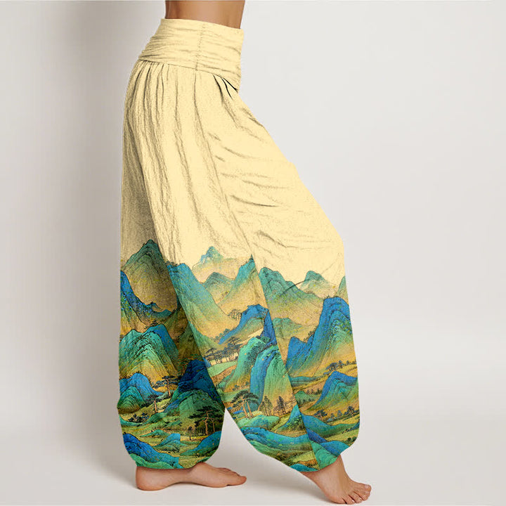 Buddha Stones Pantalon harem pour femme en pur coton, motif paysage de montagne bleu-vert, taille élastique - image 7