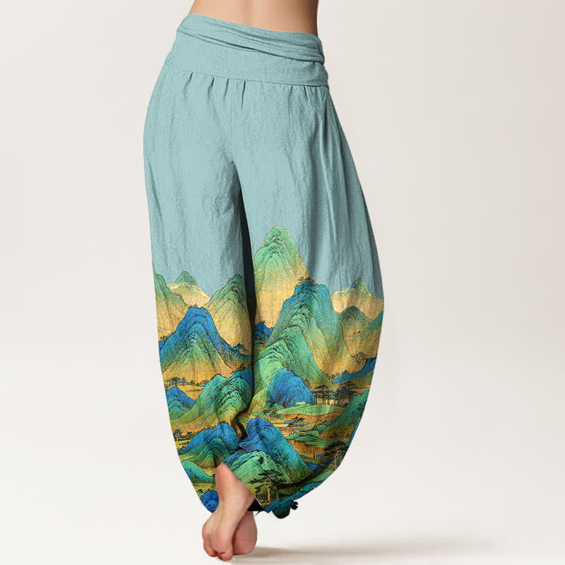 Buddha Stones Pantalon harem pour femme en pur coton, motif paysage de montagne bleu-vert, taille élastique - image 1