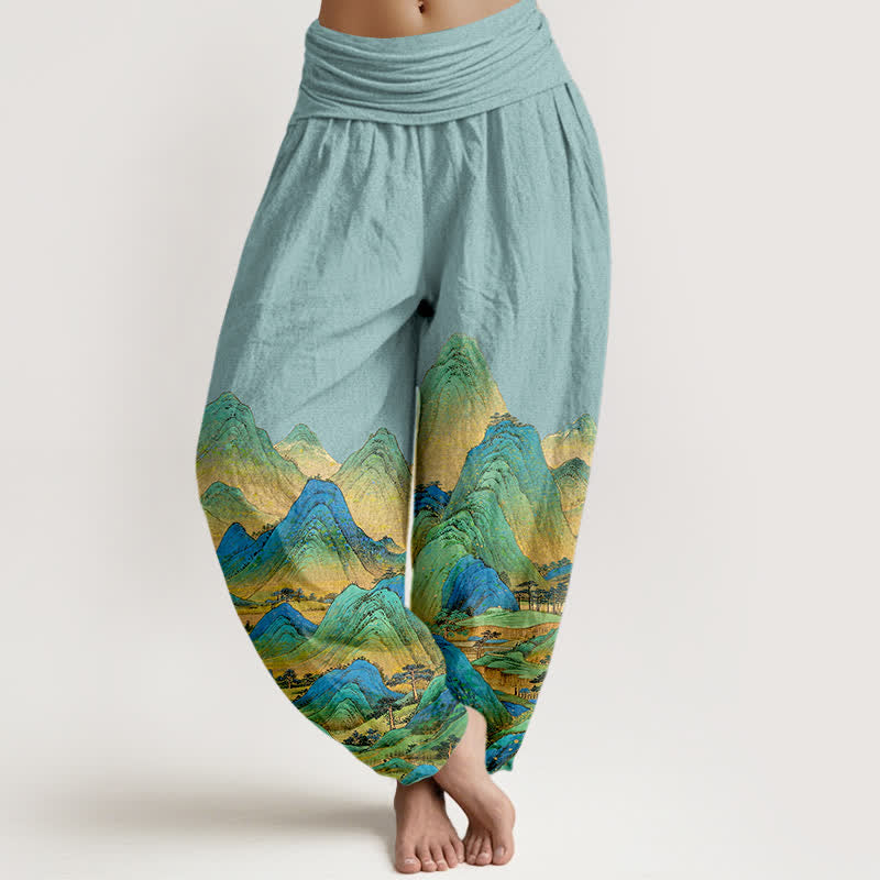Buddha Stones Pantalon harem pour femme en pur coton, motif paysage de montagne bleu-vert, taille élastique - Turquoise pâle - US16，UK/AU20，EU48 (3XL) - image 0