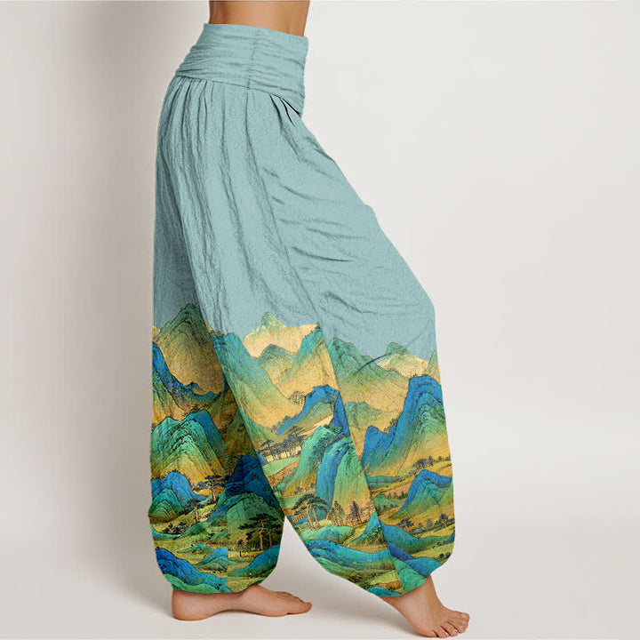Buddha Stones Pantalon harem pour femme en pur coton, motif paysage de montagne bleu-vert, taille élastique - image 2