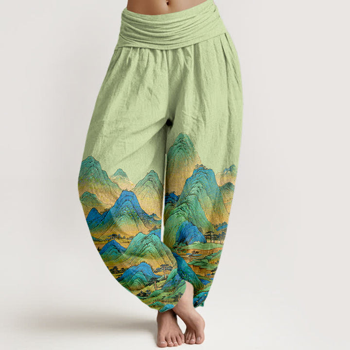 Buddha Stones Pantalon harem pour femme en pur coton, motif paysage de montagne bleu-vert, taille élastique - Vert clair - US16，UK/AU20，EU48 (3XL) - image 8