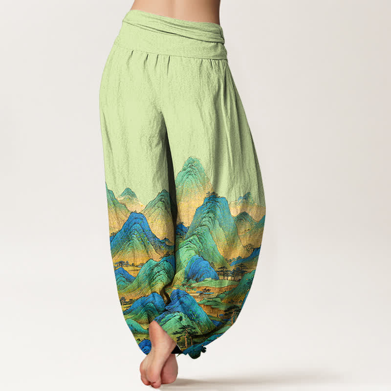 Buddha Stones Pantalon harem pour femme en pur coton, motif paysage de montagne bleu-vert, taille élastique - image 9