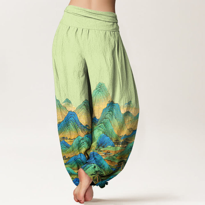 Buddha Stones Pantalon harem pour femme en pur coton, motif paysage de montagne bleu-vert, taille élastique - image 9