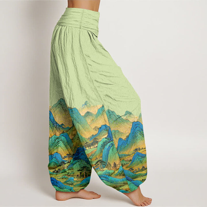 Buddha Stones Pantalon harem pour femme en pur coton, motif paysage de montagne bleu-vert, taille élastique - image 10