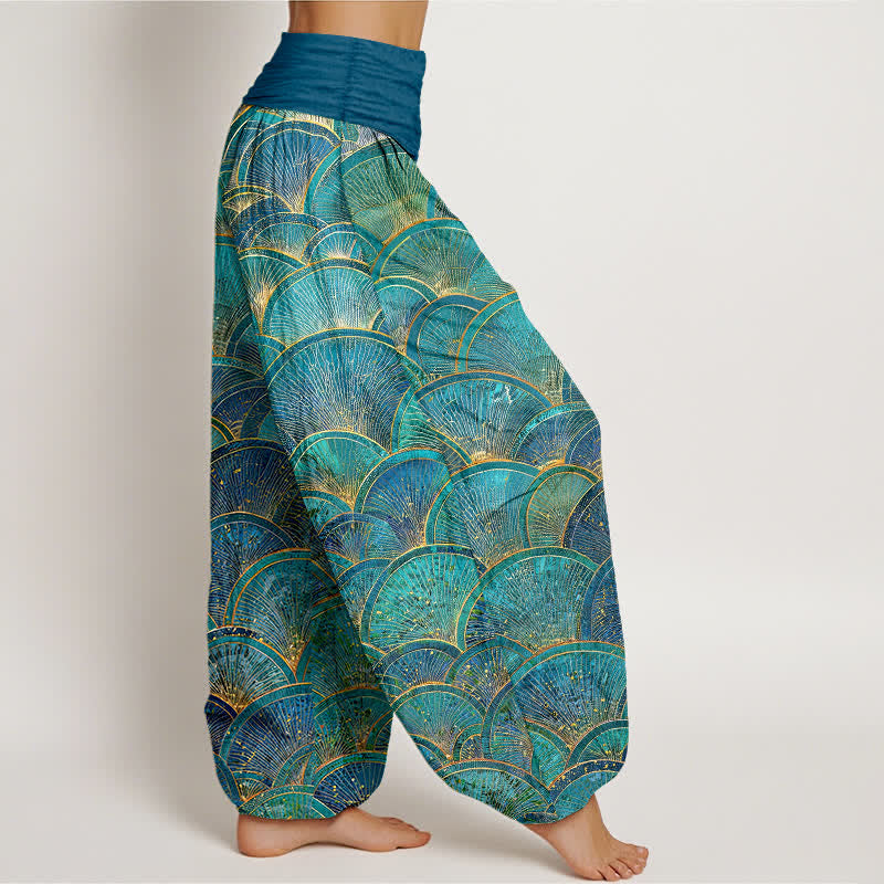 Buddha Stones Pantalon harem pour femme en pur coton turquoise à motif éventail et taille élastique - image 2