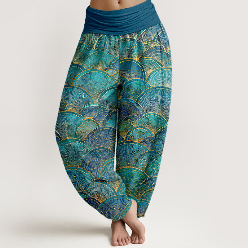 Buddha Stones Pantalon harem pour femme en pur coton turquoise à motif éventail et taille élastique - Turquoise - US16，UK/AU20，EU48 (3XL) - image 0