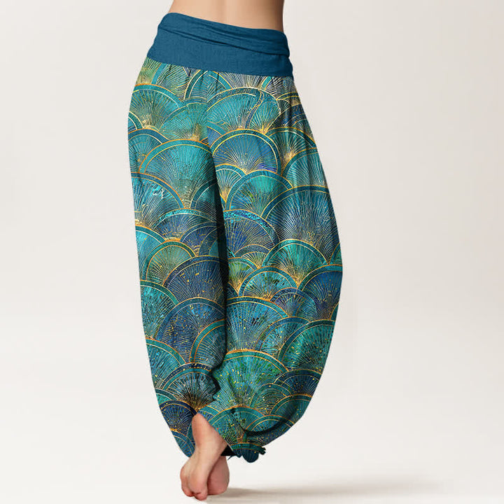 Buddha Stones Pantalon harem pour femme en pur coton turquoise à motif éventail et taille élastique - image 1