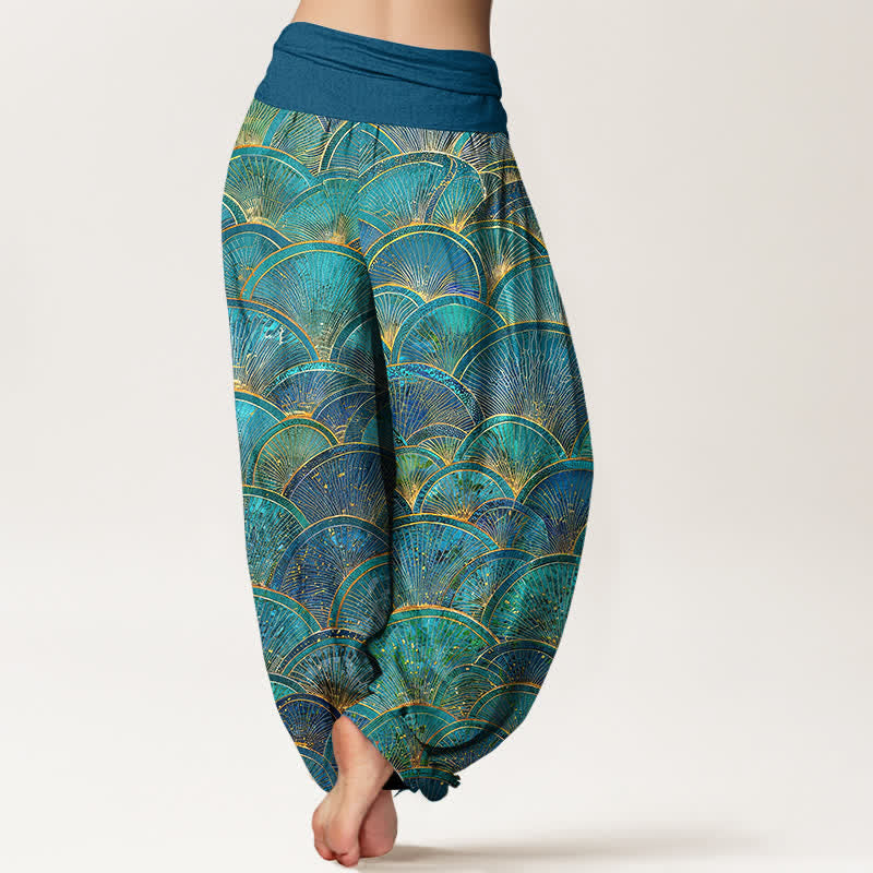 Buddha Stones Pantalon harem pour femme en pur coton turquoise à motif éventail et taille élastique - image 1
