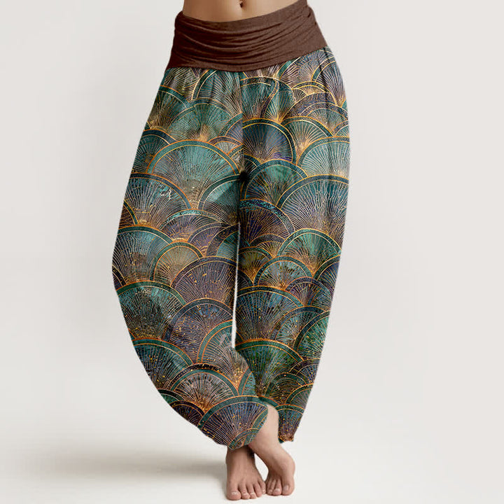 Buddha Stones Pantalon harem pour femme en pur coton turquoise à motif éventail et taille élastique - SaddleBrown - US16，UK/AU20，EU48 (3XL) - image 5