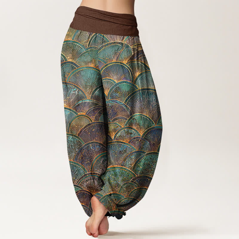 Buddha Stones Pantalon harem pour femme en pur coton turquoise à motif éventail et taille élastique - image 6