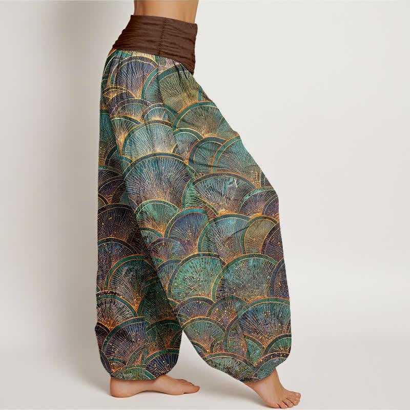 Buddha Stones Pantalon harem pour femme en pur coton turquoise à motif éventail et taille élastique - image 7