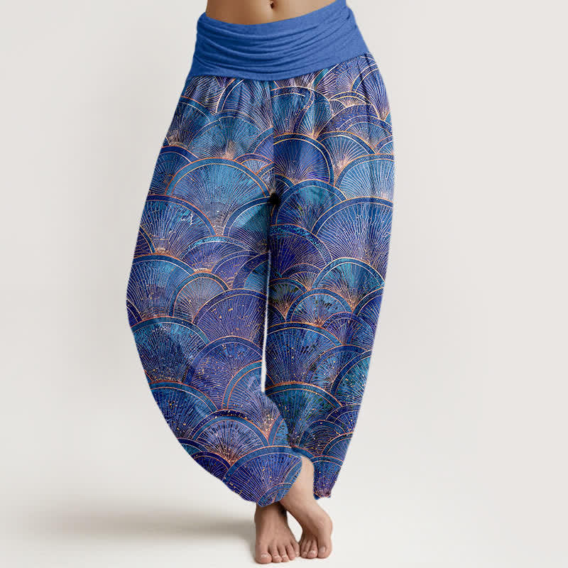 Buddha Stones Pantalon harem pour femme en pur coton turquoise à motif éventail et taille élastique - Bleu royal - US16，UK/AU20，EU48 (3XL) - image 8