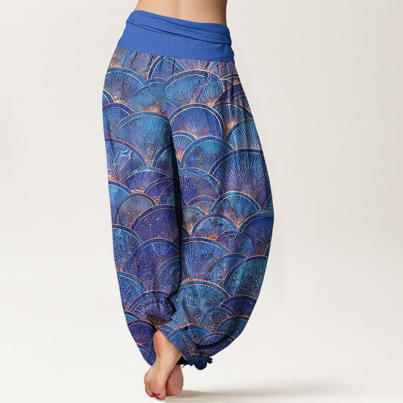 Buddha Stones Pantalon harem pour femme en pur coton turquoise à motif éventail et taille élastique - image 9