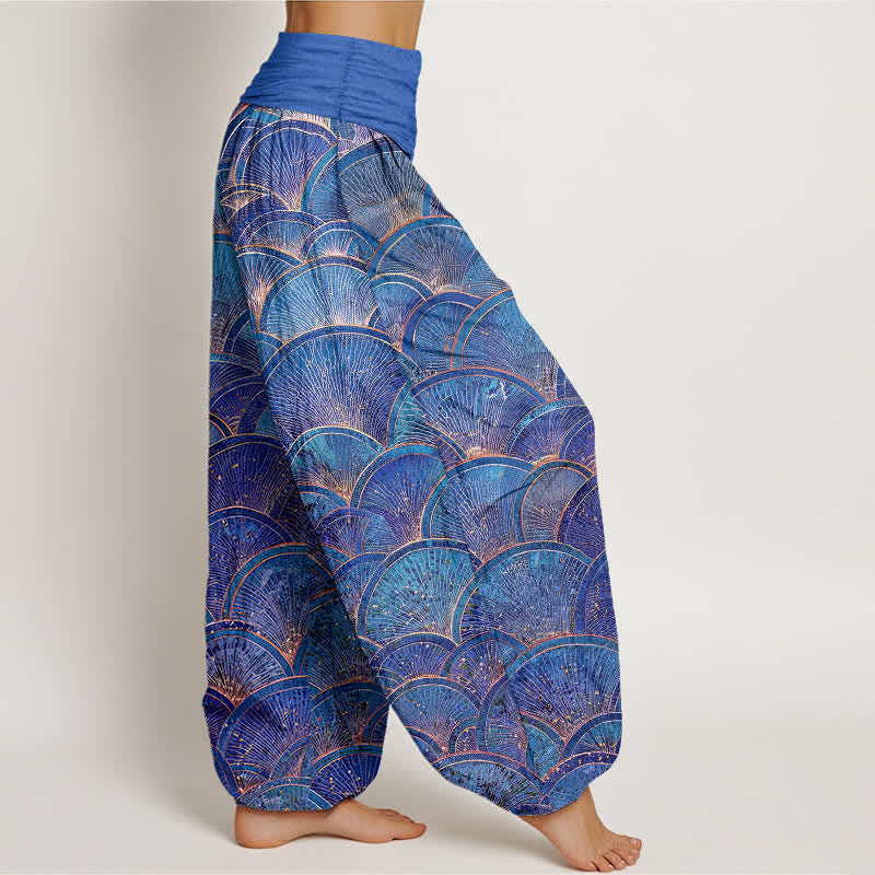 Buddha Stones Pantalon harem pour femme en pur coton turquoise à motif éventail et taille élastique - image 10