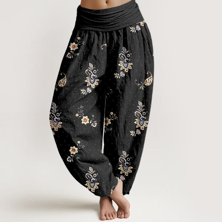 Buddha Stones Pantalon harem pour femme en pur coton, motif cachemire floral bohème, taille élastique - Noir - US16，UK/AU20，EU48 (3XL) - image 0