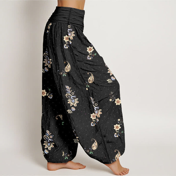 Buddha Stones Pantalon harem pour femme en pur coton, motif cachemire floral bohème, taille élastique - image 2
