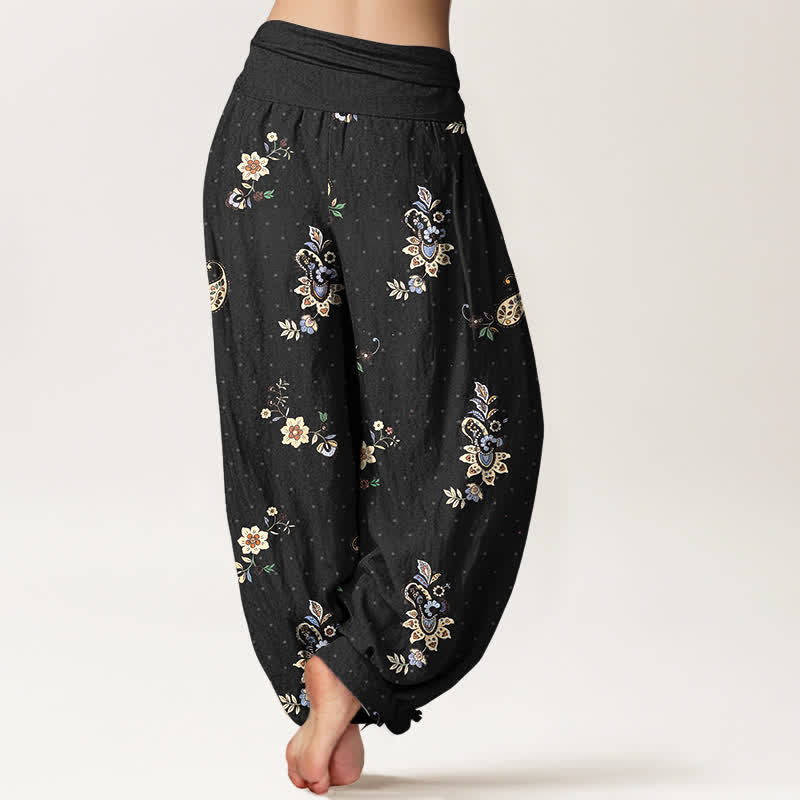 Buddha Stones Pantalon harem pour femme en pur coton, motif cachemire floral bohème, taille élastique - image 1