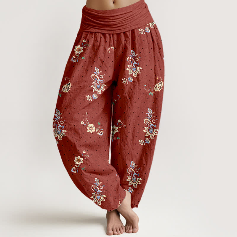 Buddha Stones Pantalon harem pour femme en pur coton, motif cachemire floral bohème, taille élastique - Terre de sienne - US16，UK/AU20，EU48 (3XL) - image 5