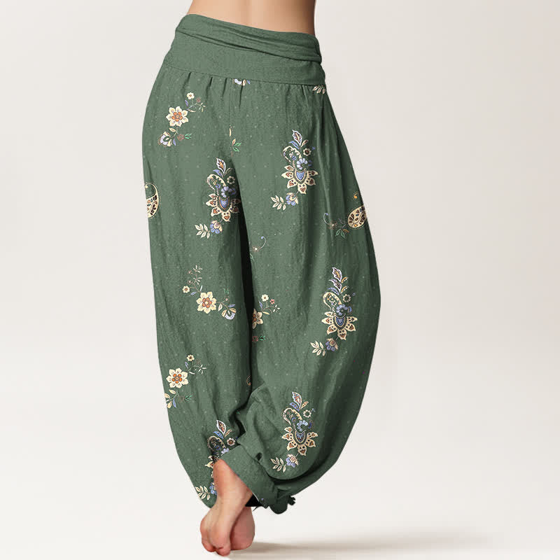 Buddha Stones Pantalon harem pour femme en pur coton, motif cachemire floral bohème, taille élastique - image 9