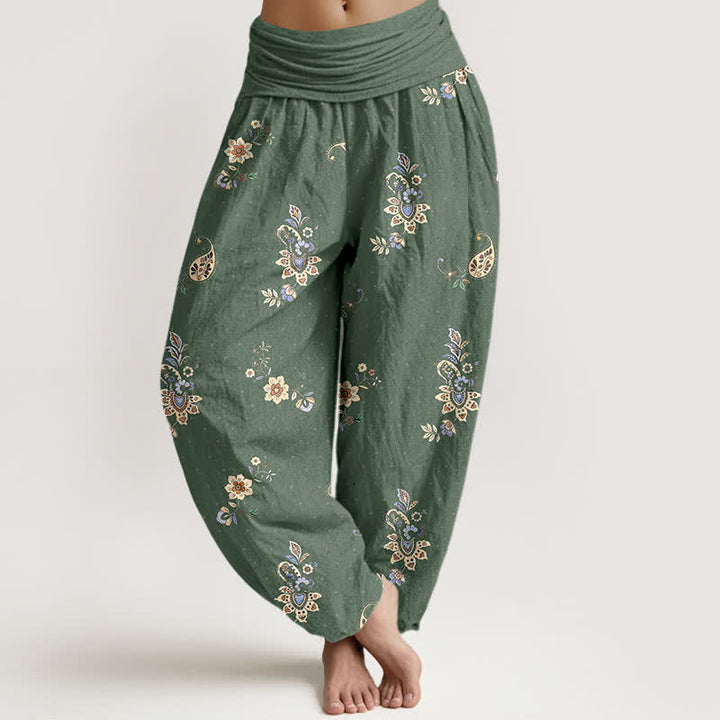 Buddha Stones Pantalon harem pour femme en pur coton, motif cachemire floral bohème, taille élastique - Vert olive foncé - US16，UK/AU20，EU48 (3XL) - image 8