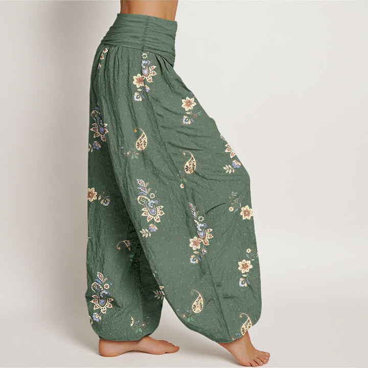 Buddha Stones Pantalon harem pour femme en pur coton, motif cachemire floral bohème, taille élastique - image 10