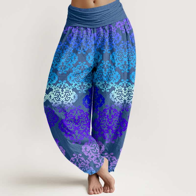 Buddha Stones Pantalon harem femme en pur coton à motif floral baroque dégradé et taille élastique - Bleu royal - US16，UK/AU20，EU48 (3XL) - image 5