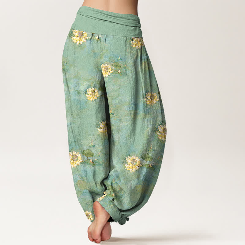 Buddha Stones Pantalon harem pour femme en coton jaune à motif lotus éparpillé et taille élastique - image 1
