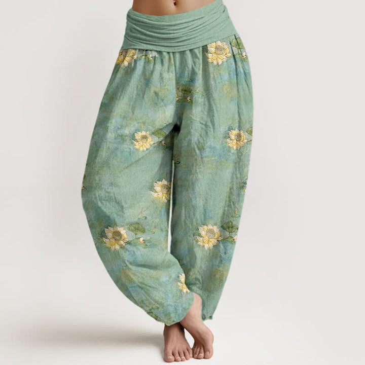 Buddha Stones Pantalon harem pour femme en coton jaune à motif lotus éparpillé et taille élastique - Aigue-marine moyenne - US16，UK/AU20，EU48 (3XL) - image 0