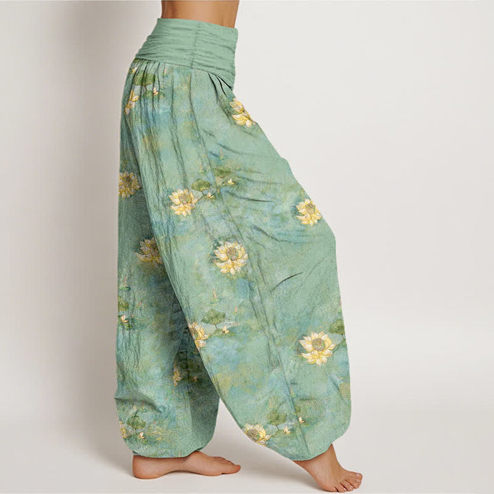 Buddha Stones Pantalon harem pour femme en coton jaune à motif lotus éparpillé et taille élastique - image 2