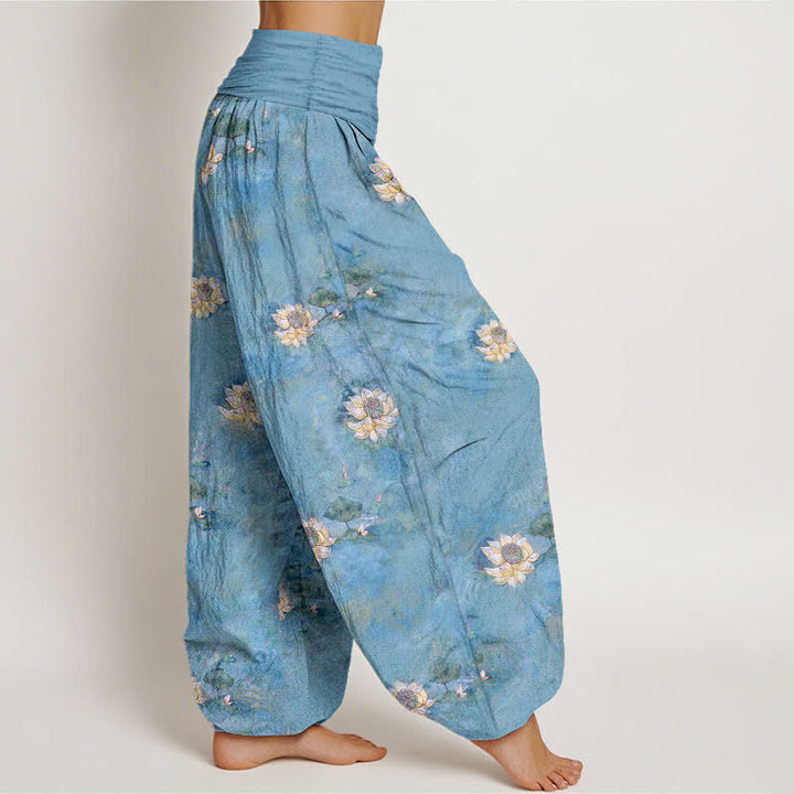 Buddha Stones Pantalon harem pour femme en coton jaune à motif lotus éparpillé et taille élastique - image 7