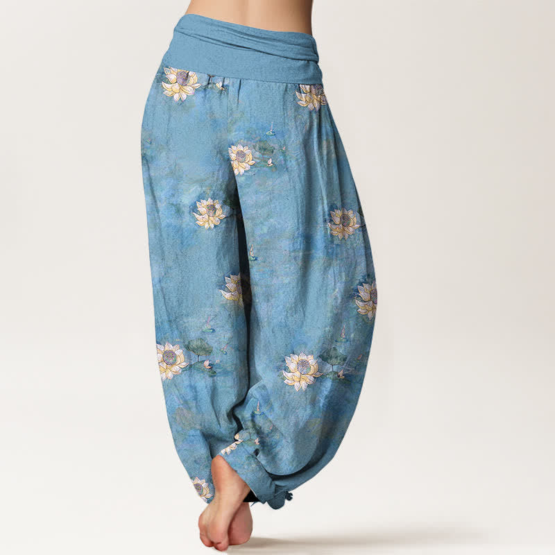 Buddha Stones Pantalon harem pour femme en coton jaune à motif lotus éparpillé et taille élastique - image 6