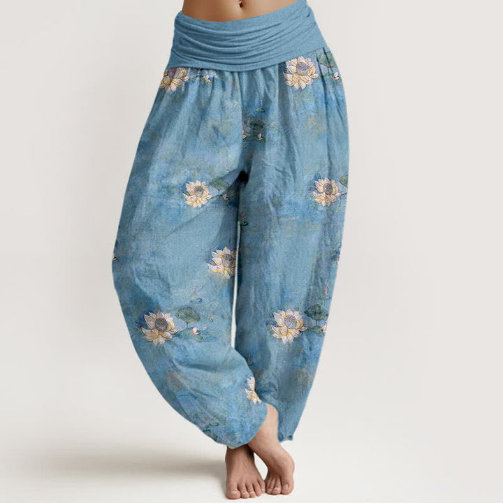 Buddha Stones Pantalon harem pour femme en coton jaune à motif lotus éparpillé et taille élastique - Bleu clair - US16，UK/AU20，EU48 (3XL) - image 5