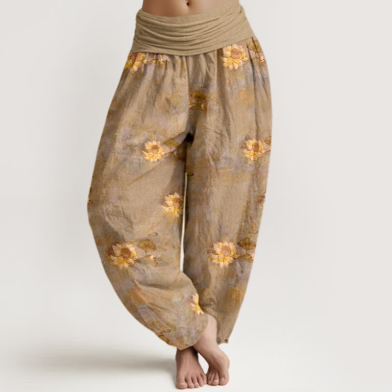 Buddha Stones Pantalon harem pour femme en coton jaune à motif lotus éparpillé et taille élastique - Tanné - US16，UK/AU20，EU48 (3XL) - image 8