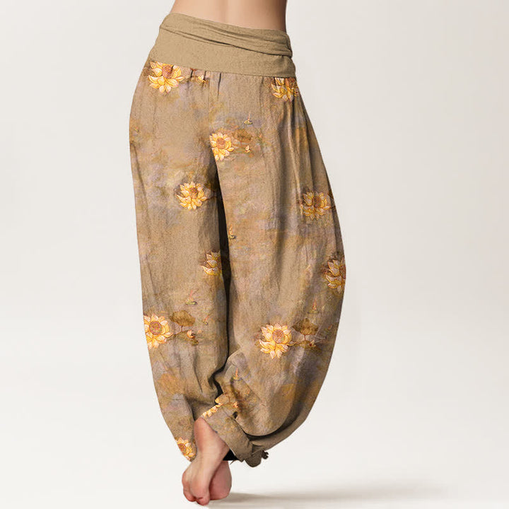 Buddha Stones Pantalon harem pour femme en coton jaune à motif lotus éparpillé et taille élastique - image 9